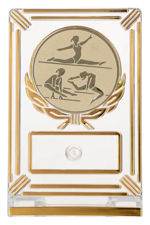 Eleganckie trofeum gimnastyczne (13 cm) z dużym emblematem zawodniczek 50 mm.