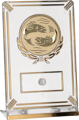Eleganckie trofeum wędkarskie (13 cm) z dużym emblematem ryb 50 mm.